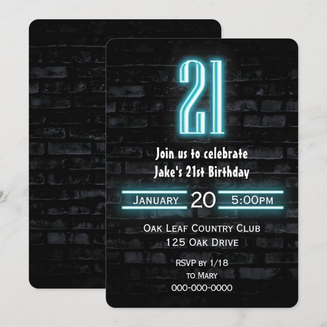 21st Birthday Party Neon Sign on Brick  Invitation (Front/Back)