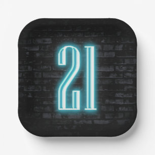 21st Birthday Party Neon Sign on Brick Paper Plate