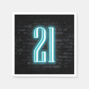 21st Birthday Party Neon Sign on Brick Wall  Napkin