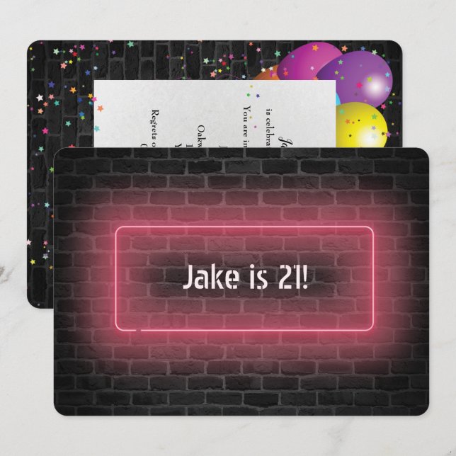 21st Birthday Party Neon sign on wall Invitation (Front/Back)