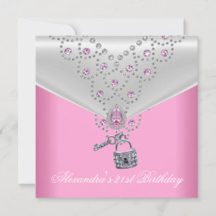 21st Birthday Party Overlay Pink Jewel Key Lock 2 Invitation