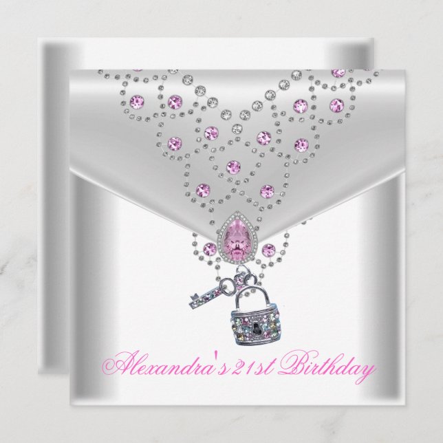 21st Birthday Party Overlay Pink Jewel Key Lock Invitation (Front/Back)