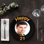 21st birthday party photo black gold balloons paper plate<br><div class="desc">A paper plate for a 21st birthday party for guys. Template for your photo.  Black background and the text: Happy 21.  The text is written with a trendy faux gold balloon script.</div>