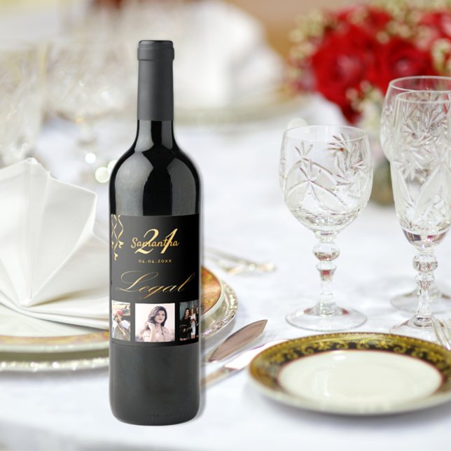 21st birthday party photo black gold cheers chic wine label (Creator Uploaded)