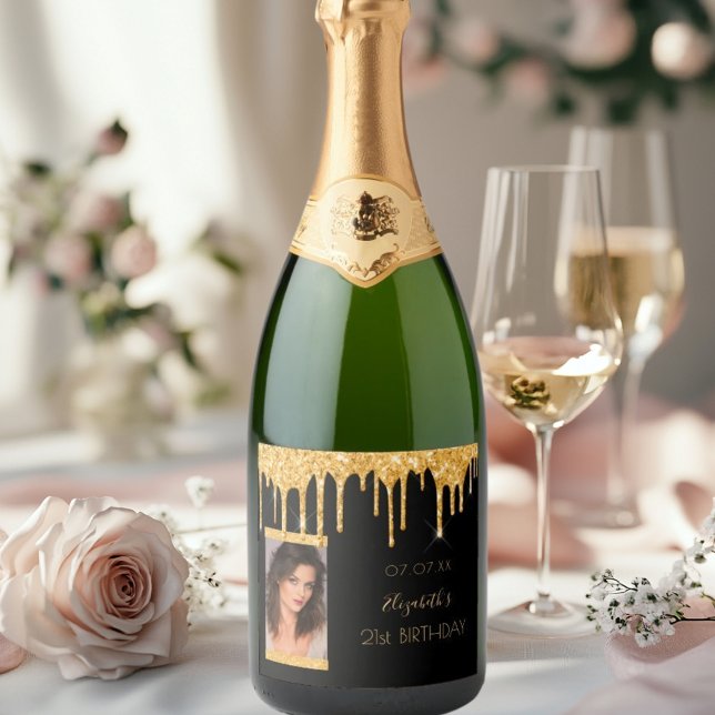 21st birthday party photo black gold glitter glam sparkling wine label (Creator Uploaded)