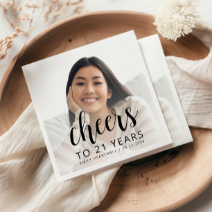 21st Birthday Party Photo Black Script Cheers Napkin