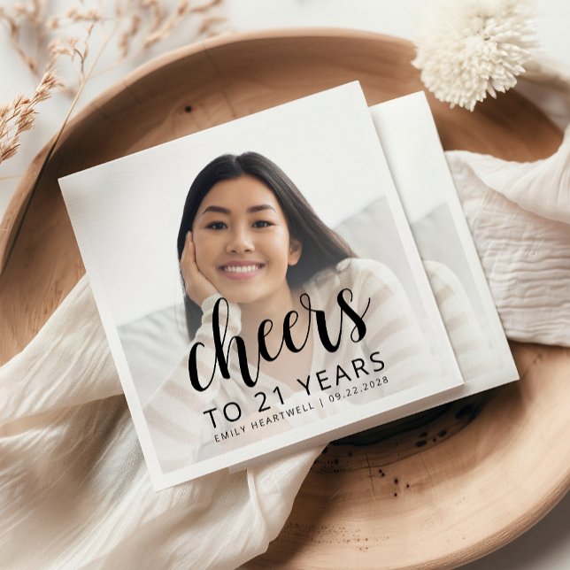 21st Birthday Party Photo Black Script Cheers Napkin (Creator Uploaded)