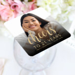 21st Birthday Party Photo Cheers Square Paper Coaster<br><div class="desc">This custom 21st birthday paper coaster features the guest of honour's personalised photo,  name,  and birthday,  along with the word "Cheers" in elegant gold-coloured calligraphy script. A dark screen helps make the text pop. A great way to celebrate someone who's turning 21!</div>