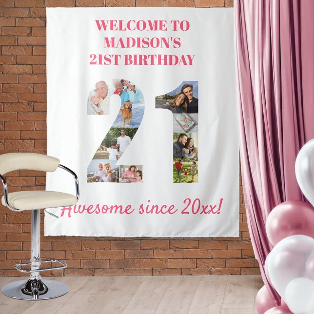 21st Birthday Party Photo Collage Backdrop Pink Tapestry (Creator Uploaded)