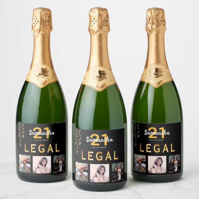 21st birthday party photo collage black gold legal sparkling wine label (Bottles)