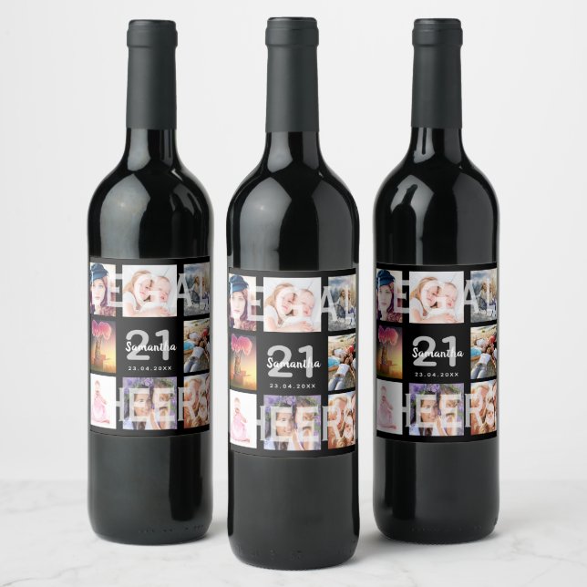 21st birthday party photo collage black legal wine label (Bottles)