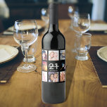 21st birthday party photo collage black wine label<br><div class="desc">A bottle label for a 21st birthday party,  celebrating her life with a collage of 8 of your photos.  Templates for a name,  age 21 and a date.  Date of birth or the date of the party.  White and grey coloured letters.  Elegant black background colour.</div>