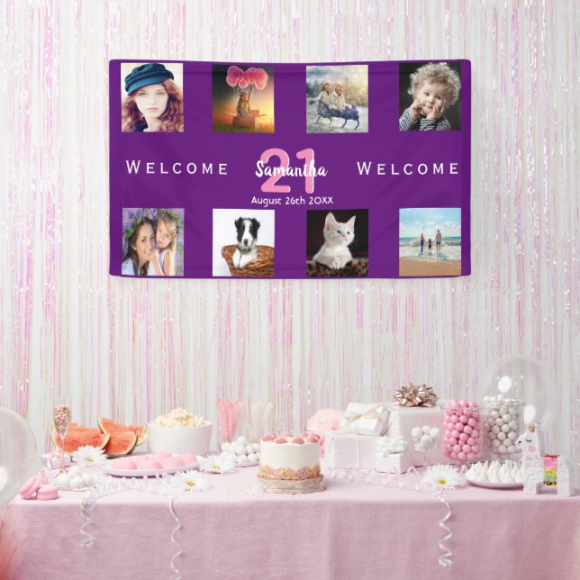 21st birthday party photo collage girl purple banner (Party)