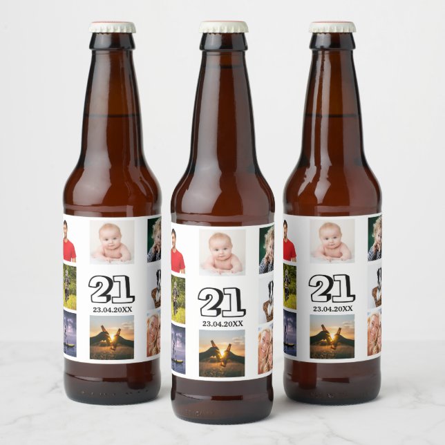 21st birthday party photo collage guy beer bottle label (Bottles)