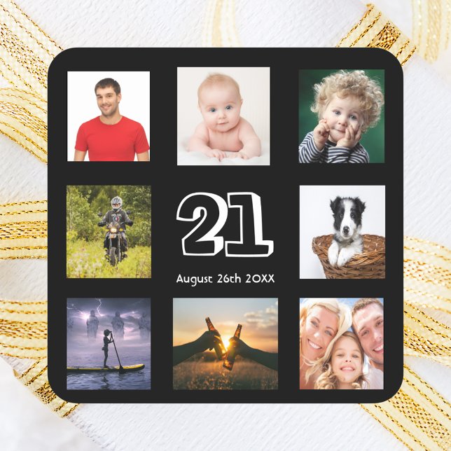 21st birthday party photo collage guy black square sticker (Creator Uploaded)