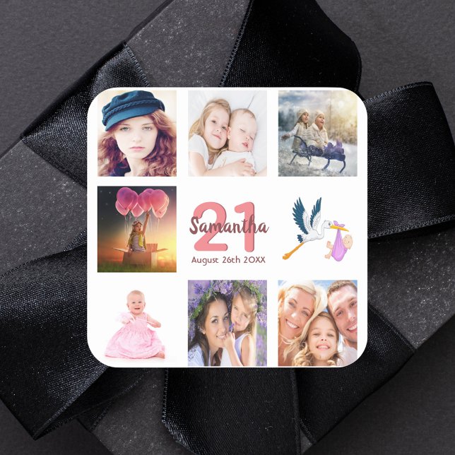 21st birthday party photo collage square sticker (Creator Uploaded)