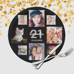 21st birthday party photo collage woman black paper plate