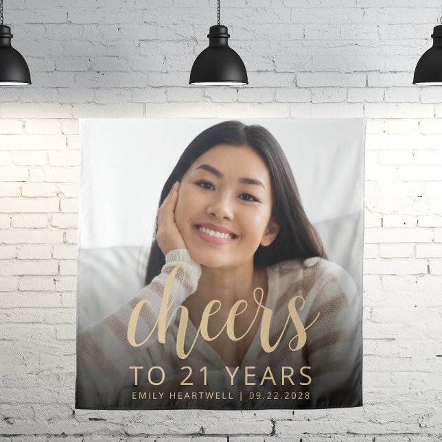 21st Birthday Party Photo Gold Script Cheers Tapestry (Creator Uploaded)