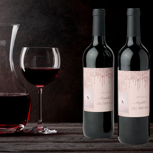 21st birthday party photo rose gold drips wine label (Creator Uploaded)