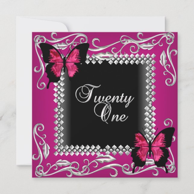 21st Birthday Party Pink Black Butterflies Silver Invitation (Front)
