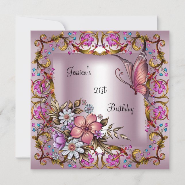 21st Birthday Party Pink Floral White Butterfly Invitation (Front)