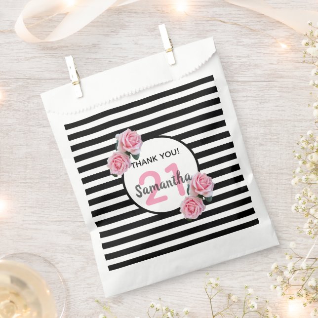 21st birthday party pink flowers black stripes favour bag (Clipped)