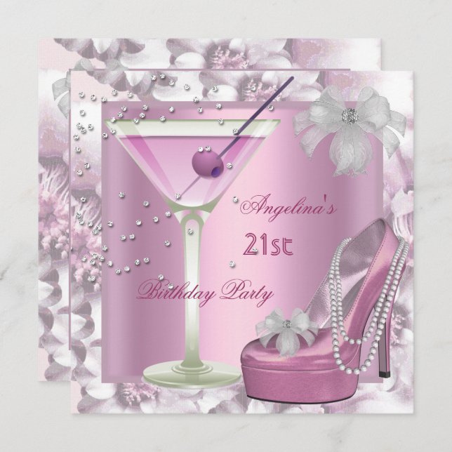 21st Birthday Party Pink Martini High Heel Floral Invitation (Front/Back)