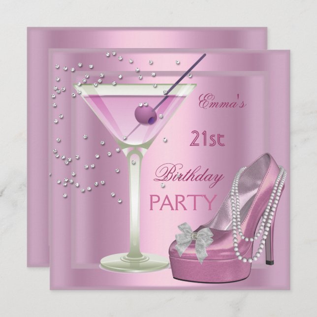 21st Birthday Party Pink Martini High Heel Shoes Invitation (Front/Back)