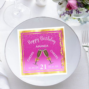 21st birthday party pink ombre gold champagne napkin