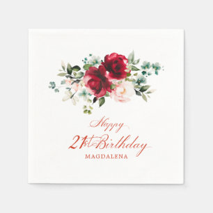 21st Birthday Party Pink Red Floral Custom Napkin