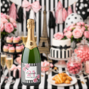 21st birthday party pink roses black white stripes sparkling wine label