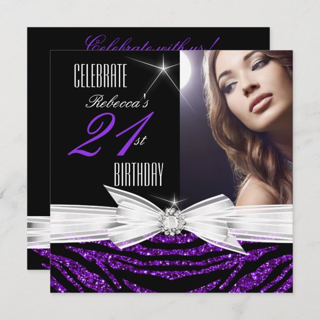 21st Birthday Party Purple 21 Zebra Photo 3 Invitation (Front/Back)