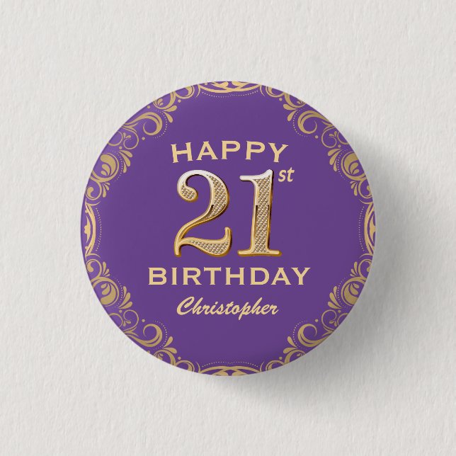21st Birthday Party Purple and Gold Glitter Frame 3 Cm Round Badge (Front)