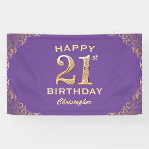 21st Birthday Party Purple and Gold Glitter Frame Banner