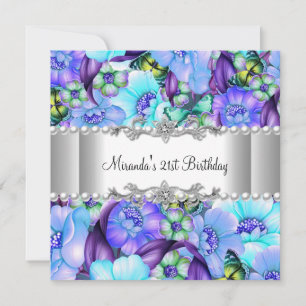 21st Birthday Party Purple Floral White Pearl Invitation
