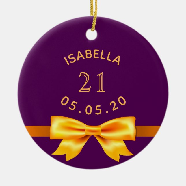 21st birthday party purple gold bow name elegant ceramic ornament (Front)