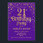 21st Birthday Party - Purple & Gold Invitation<br><div class="desc">21st Birthday Party Invitation.
Elegant design in royal purple and faux glitter gold. Features stylish script font and confetti. Message me if you need custom age.</div>