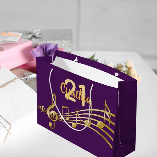 21st Birthday party purple gold music notes Large Gift Bag (Creator Uploaded)