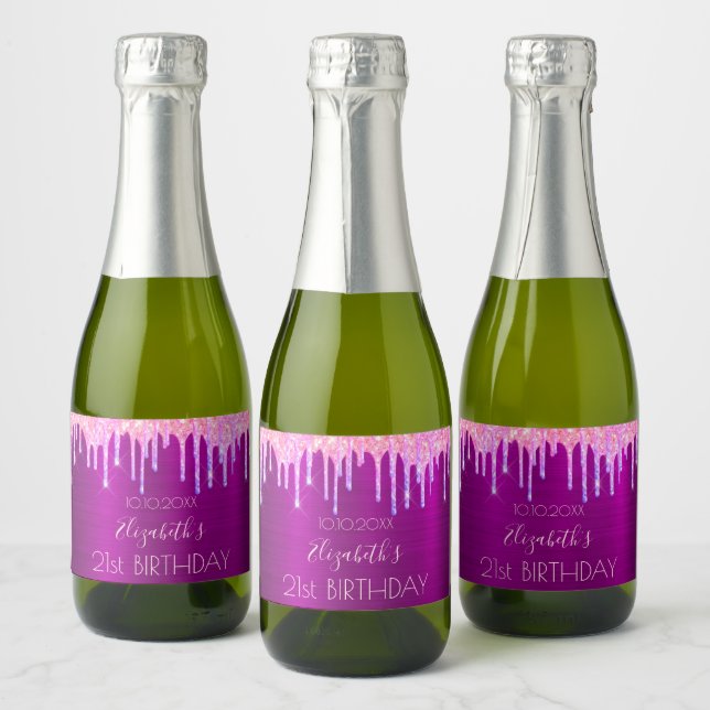 21st birthday party purple pink glitter drips sparkling wine label (Bottles)