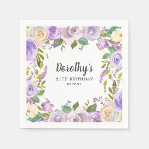 21st Birthday Party Purple Rose Floral Monogram Napkin