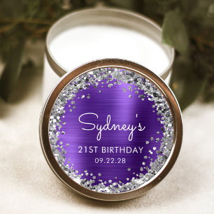 21st Birthday Party Purple Silver Glitter Classic Round Sticker