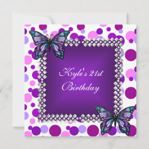 21st Birthday Party Purple Spot Butterflies Silver Invitation