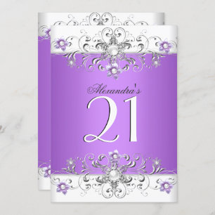 21st Birthday Party Purple White Diamond Invitation