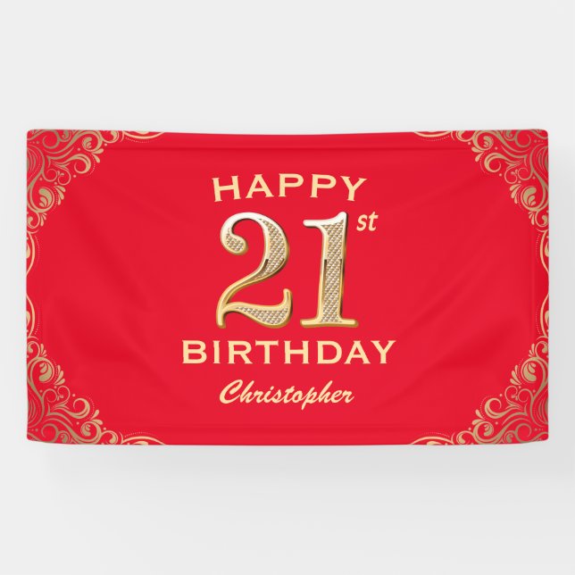 21st Birthday Party Red and Gold Glitter Frame Banner (Horizontal)