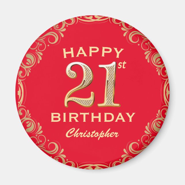 21st Birthday Party Red and Gold Glitter Frame Magnet (Front)