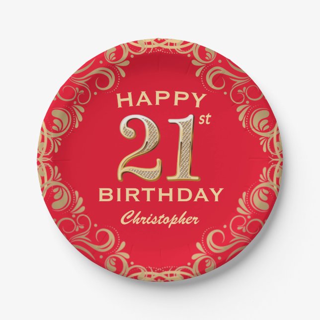21st Birthday Party Red and Gold Glitter Frame Paper Plate (Front)