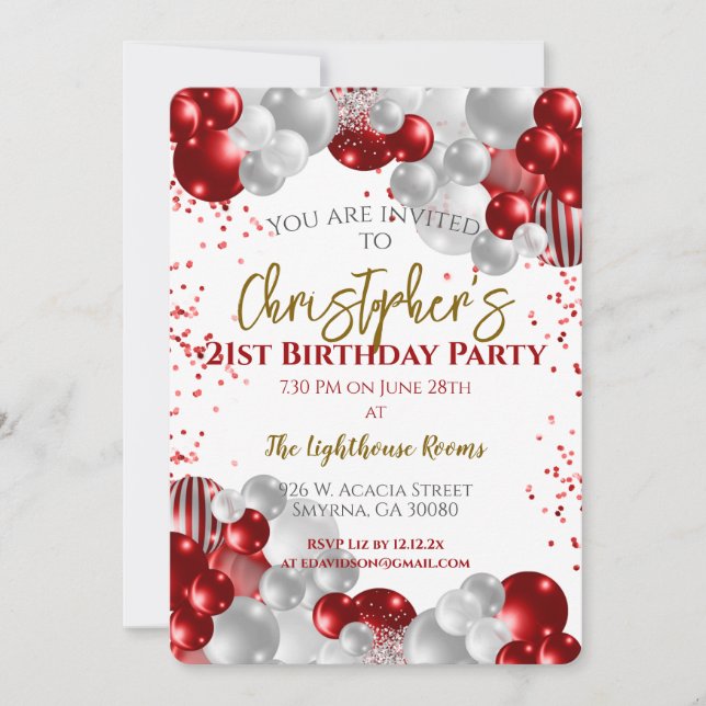 21st Birthday Party Red Balloons Invitation (Front)