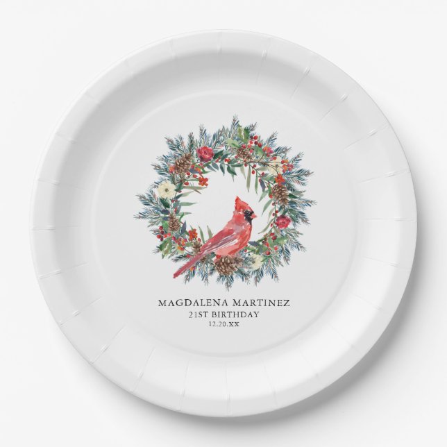 21st Birthday Party Red Cardinal Wreath Custom Paper Plate (Front)