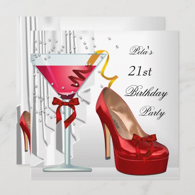 21st Birthday Party Red White Cocktail Shoe Invitation (Front/Back)