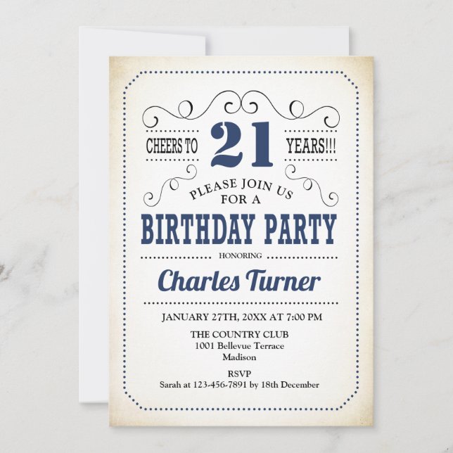 21st Birthday Party - Retro Creamy White and Navy Invitation (Front)